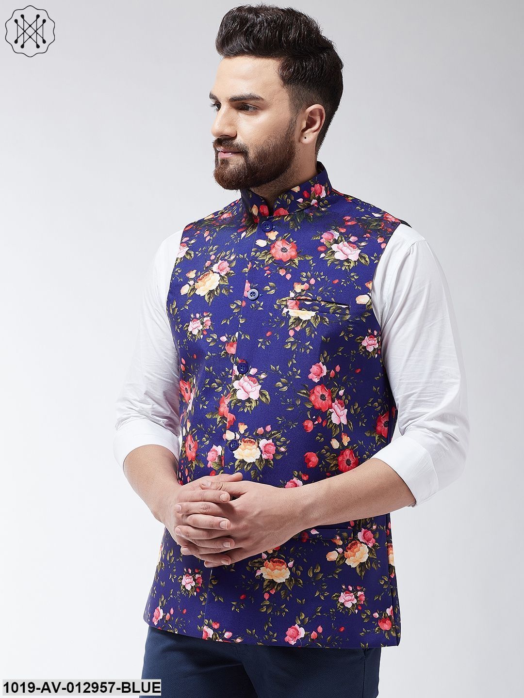 Men's Cotton Blend Royal Blue & Multicolored Printed Nehru Jacket - Sojanya