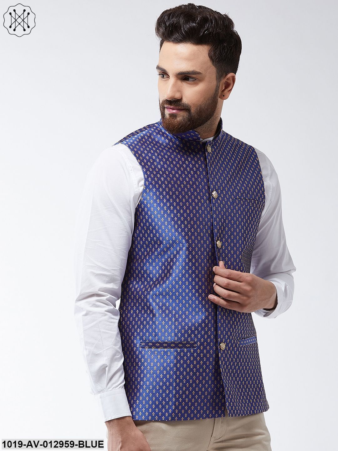 Men's Silk Blend Royal Blue & Gold Self Design Nehru Jacket - Sojanya