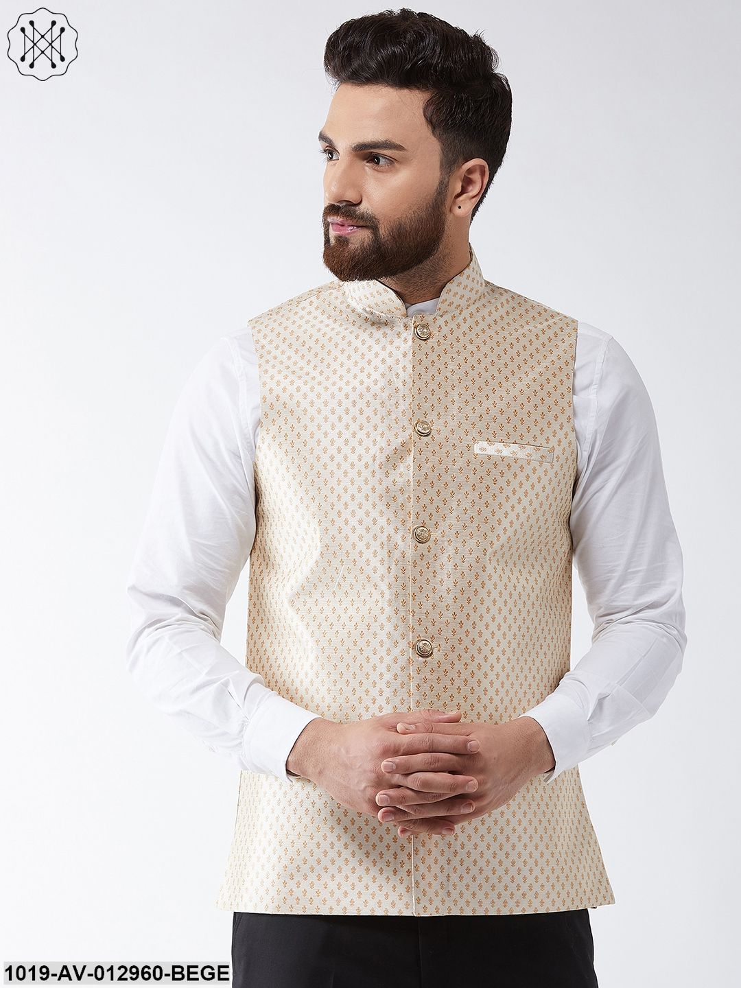 Men's Silk Blend Beige & Gold Self Design Nehru Jacket - Sojanya