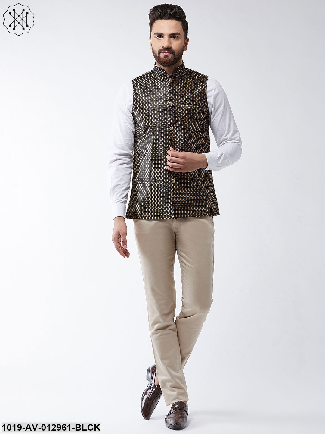 Men's Silk Blend Black & Gold Self Design Nehru Jacket - Sojanya