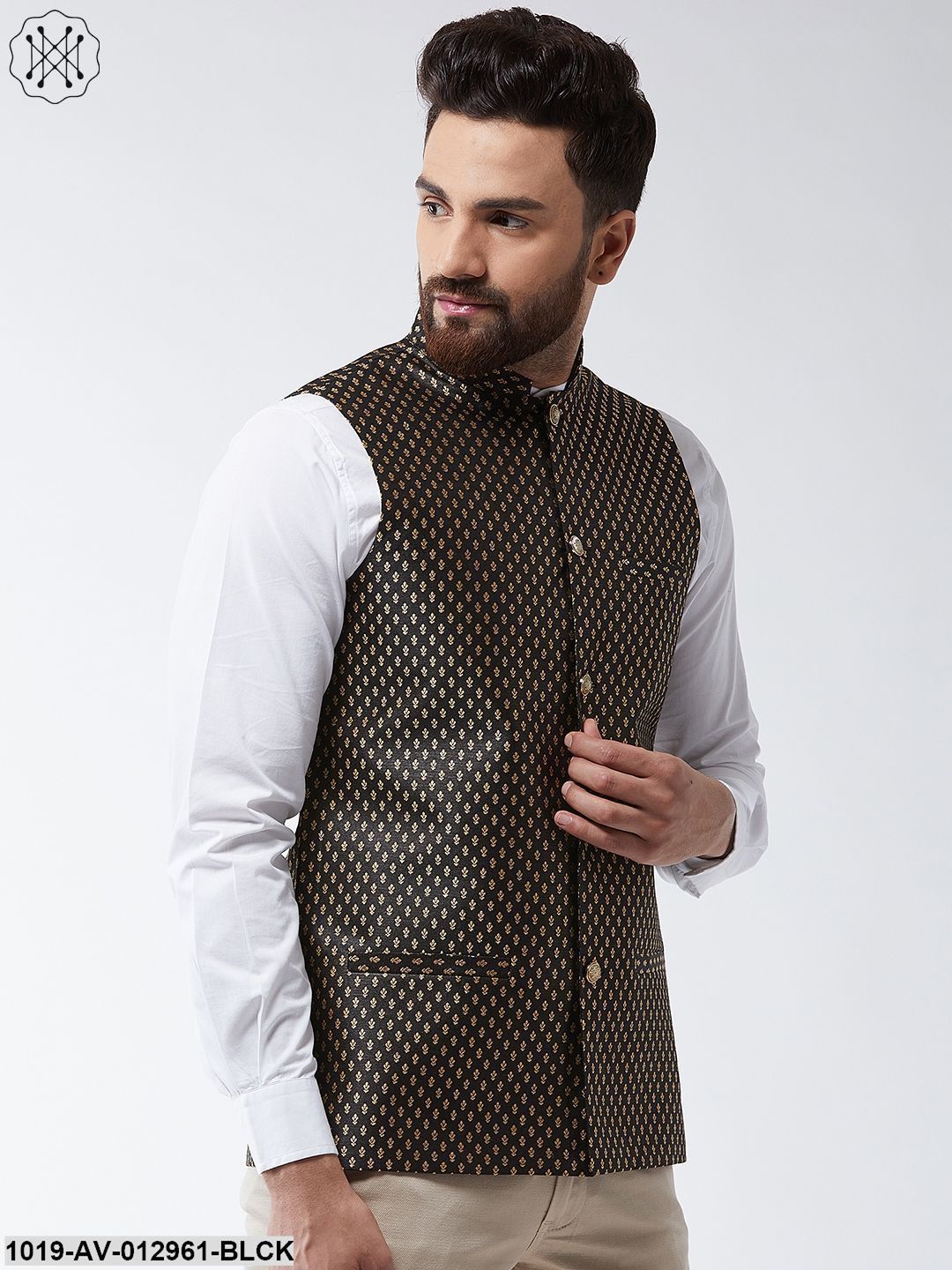 Men's Silk Blend Black & Gold Self Design Nehru Jacket - Sojanya