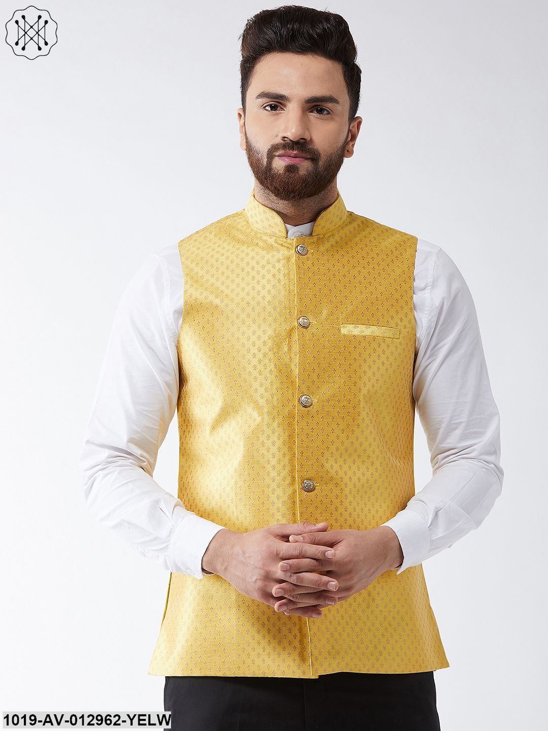 Men's Silk Blend Yellow & Gold Self Design Nehru Jacket - Sojanya