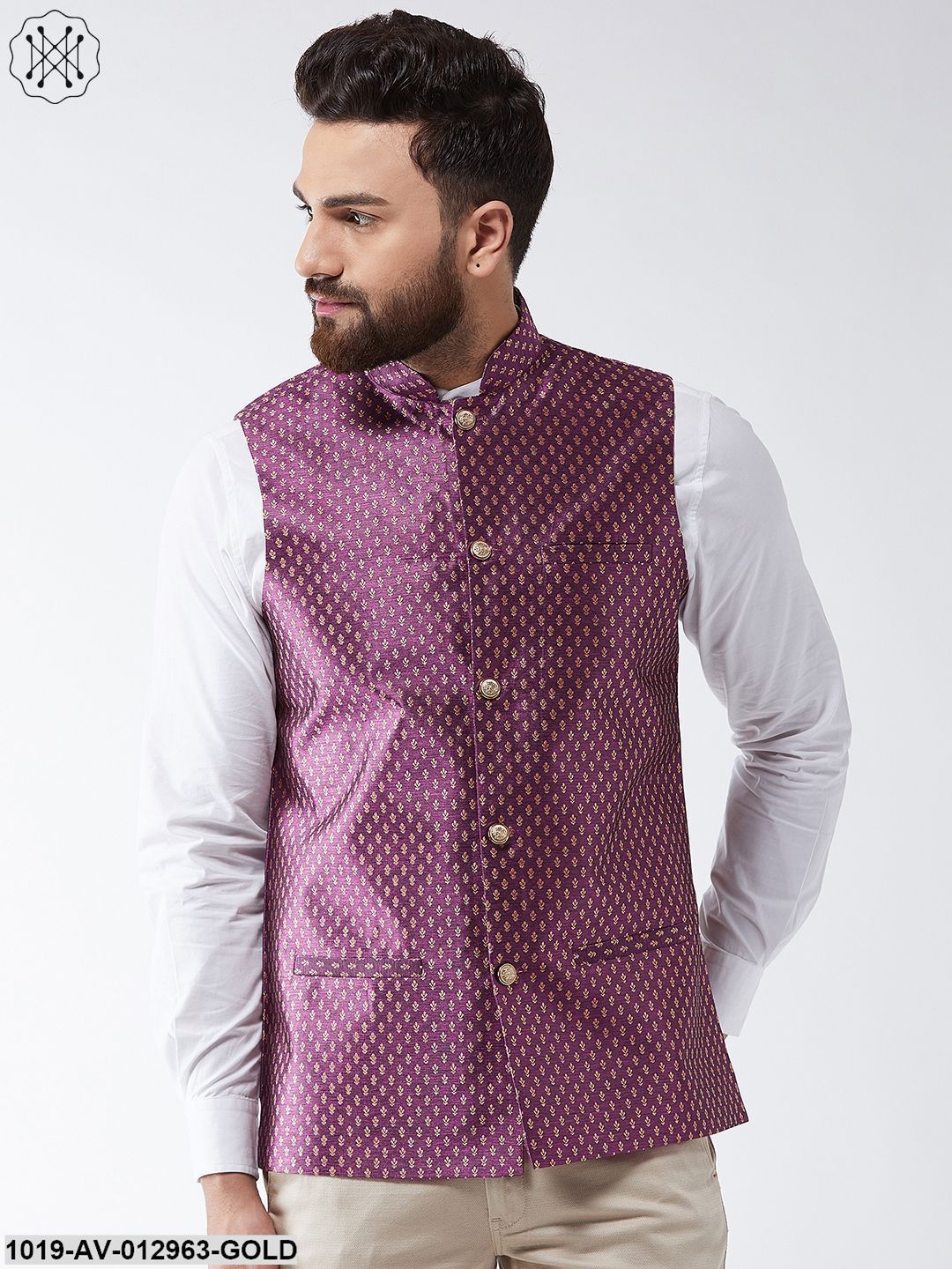 Men's Silk Blend Wine & Gold Self Design Nehru Jacket