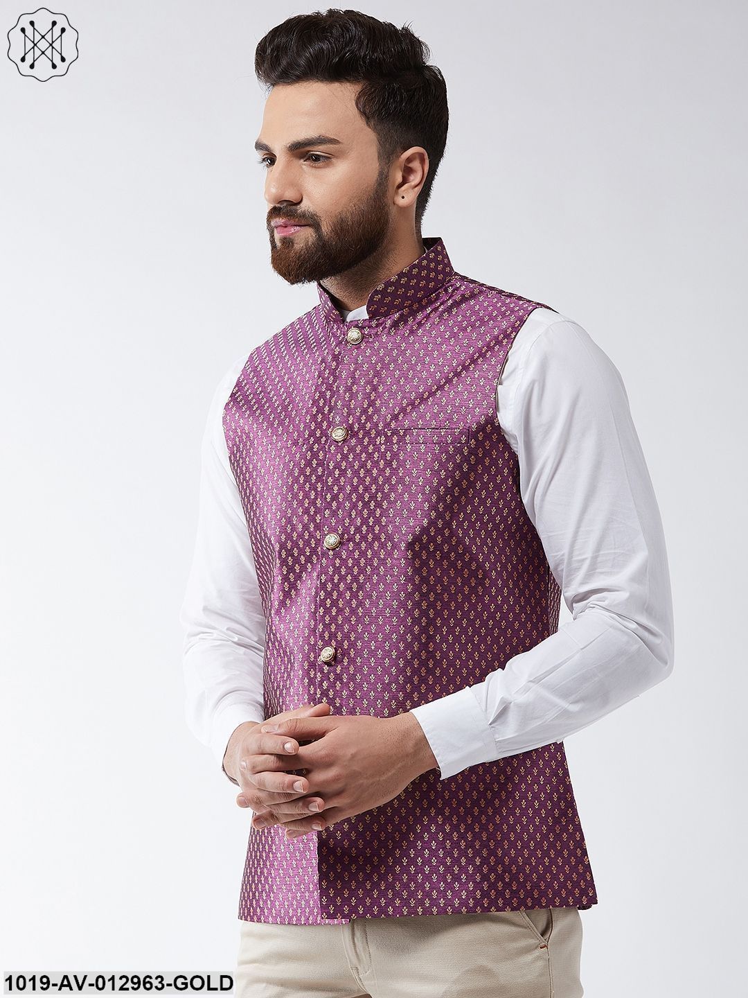 Men's Silk Blend Wine & Gold Self Design Nehru Jacket