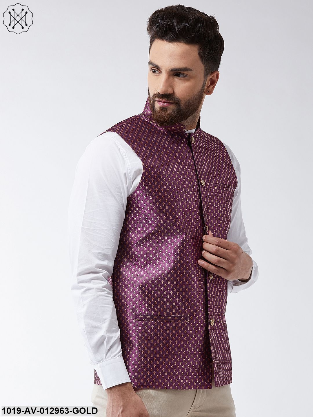 Men's Silk Blend Wine & Gold Self Design Nehru Jacket