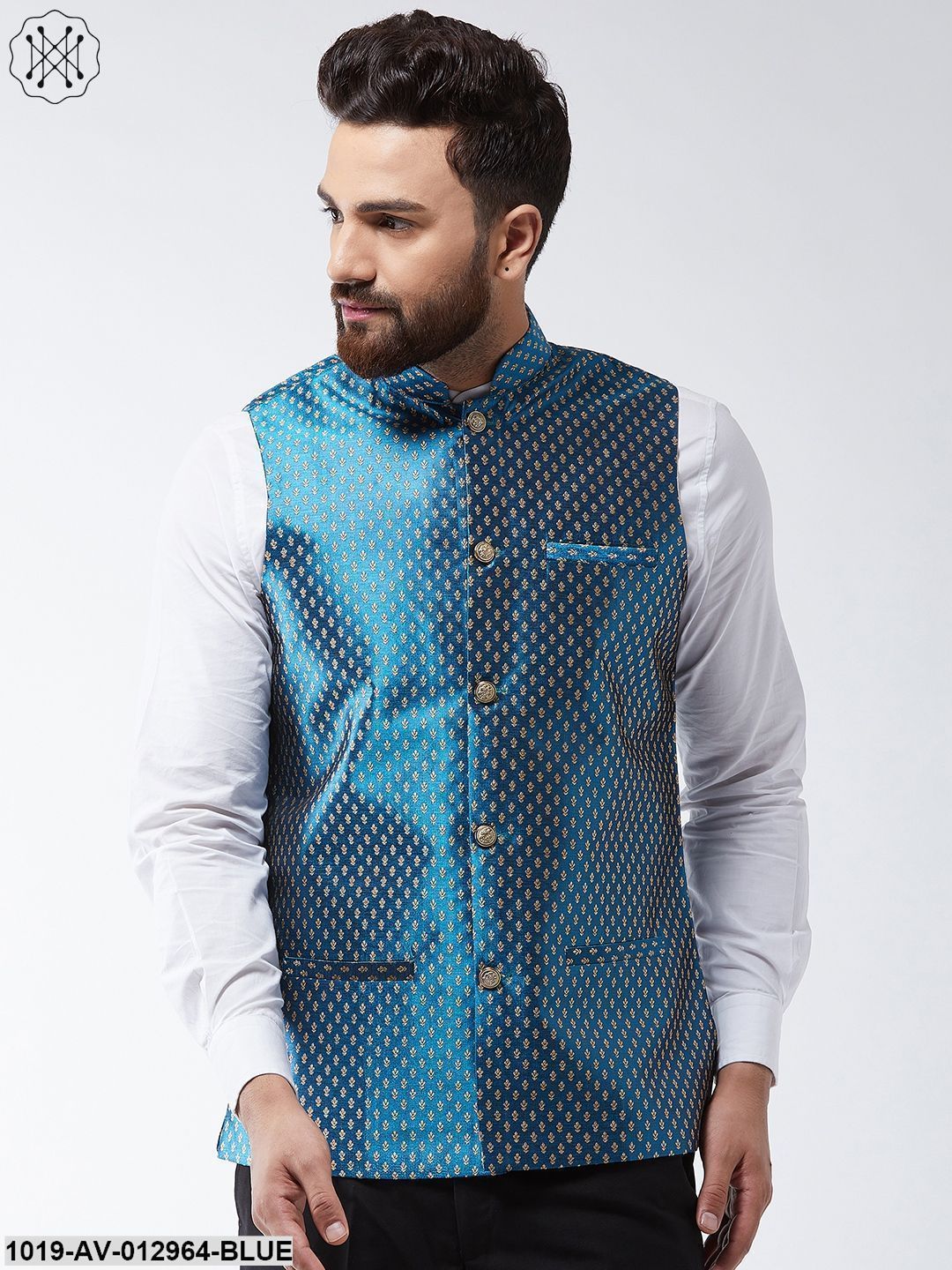 Men's Silk Blend Teal Blue & Gold Self Design Nehru Jacket