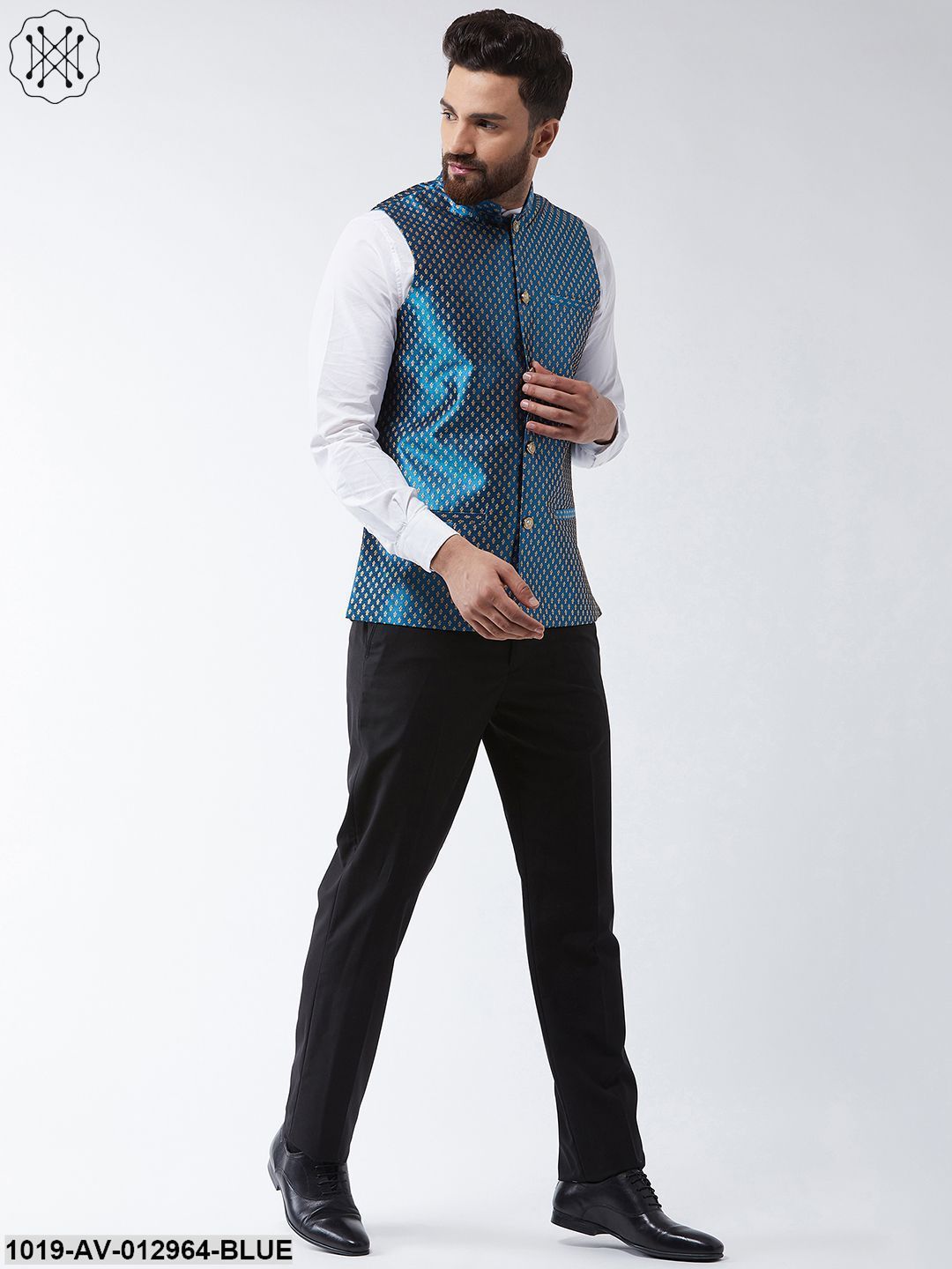 Men's Silk Blend Teal Blue & Gold Self Design Nehru Jacket