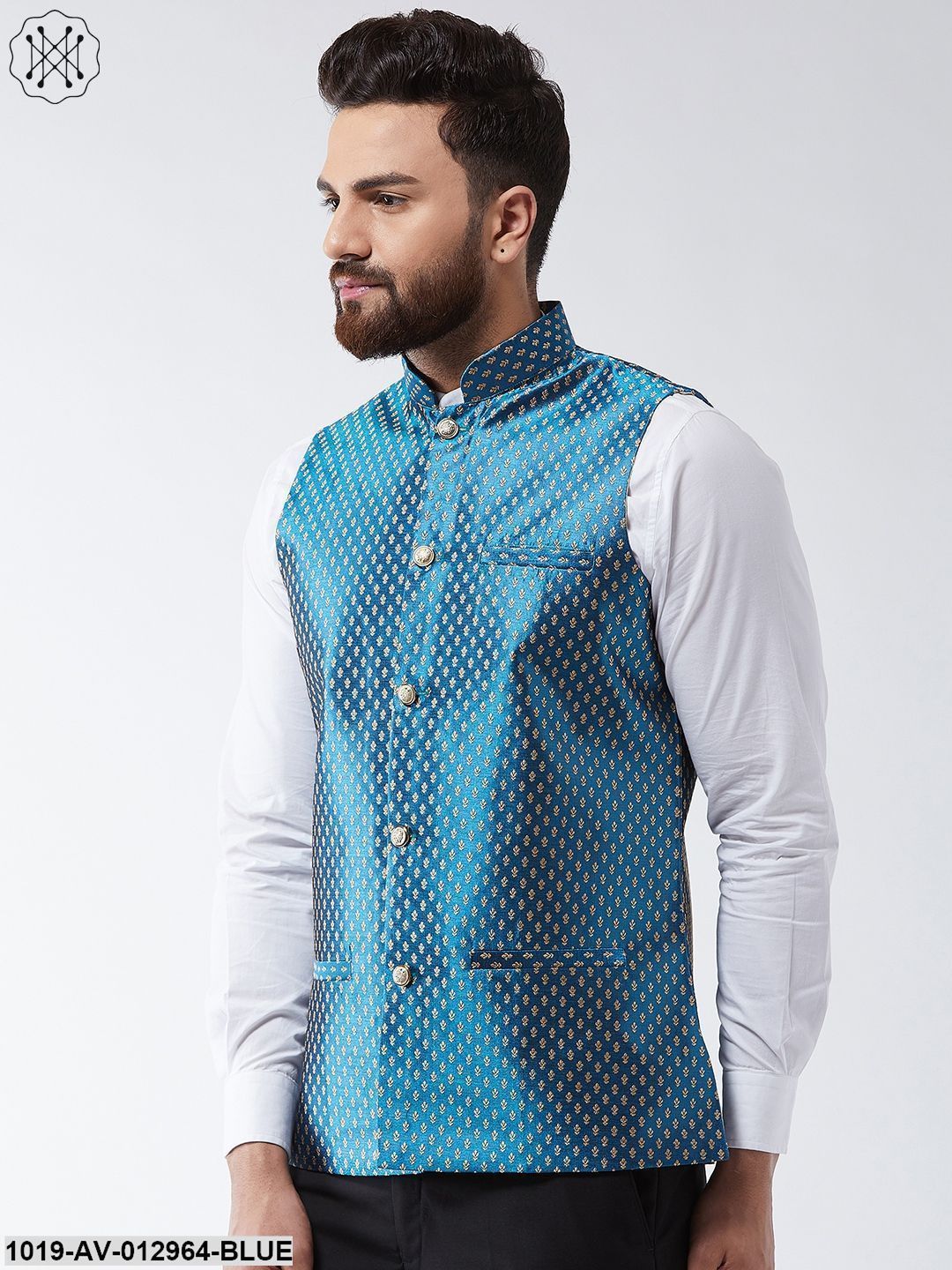 Men's Silk Blend Teal Blue & Gold Self Design Nehru Jacket