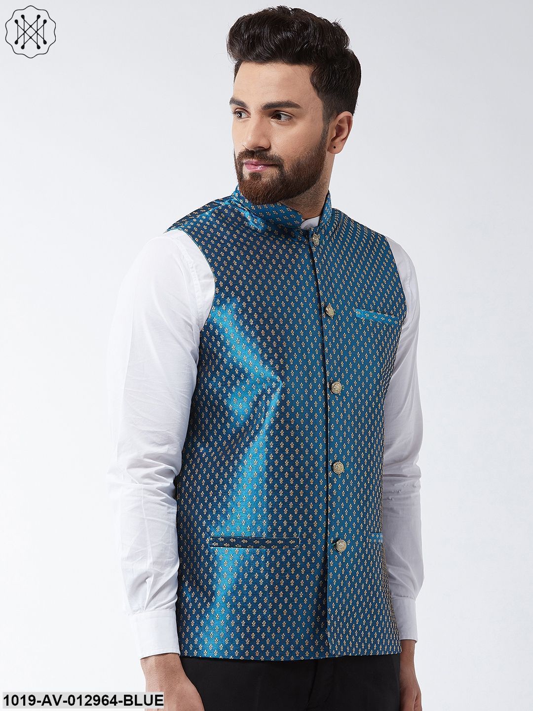 Men's Silk Blend Teal Blue & Gold Self Design Nehru Jacket