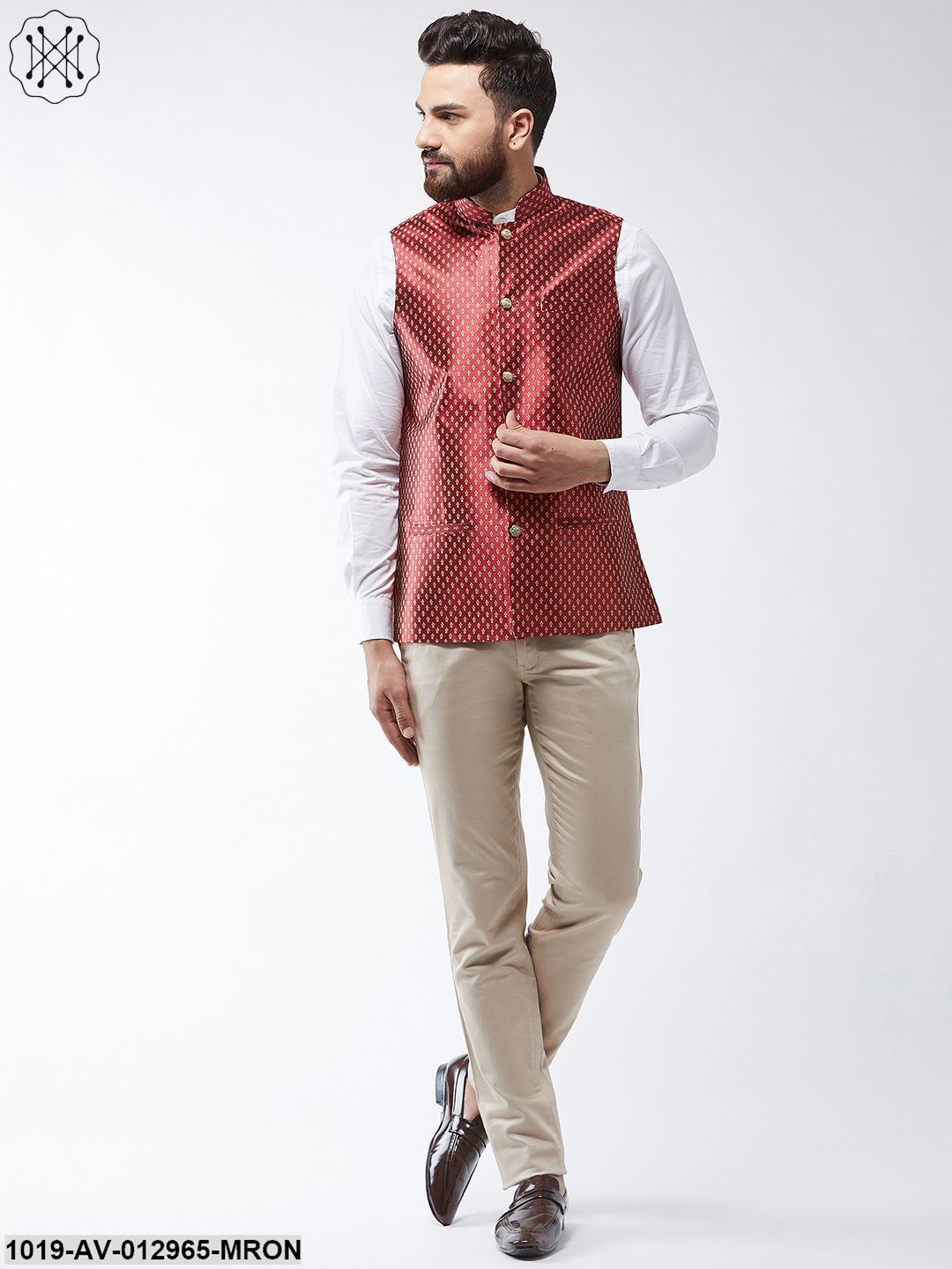 Men's Silk Blend Maroon & Gold Self Design Nehru Jacket - Sojanya