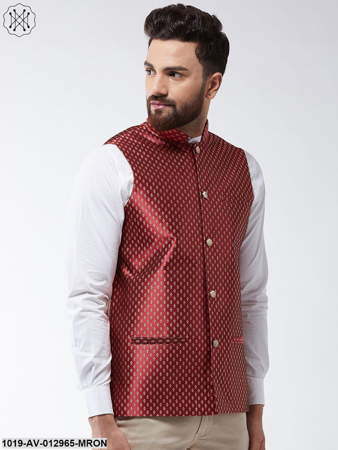 Men's Silk Blend Maroon & Gold Self Design Nehru Jacket - Sojanya