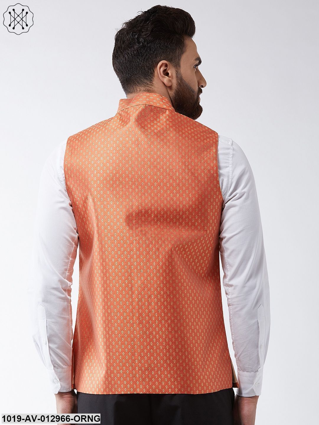 Men's Silk Blend Orange & Gold Self Design Nehru Jacket - Sojanya