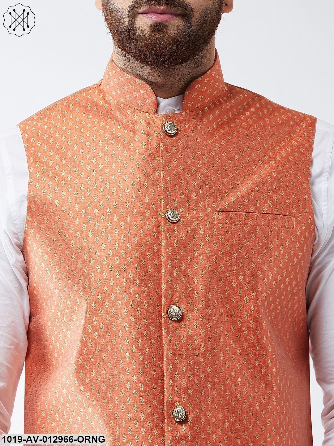 Men's Silk Blend Orange & Gold Self Design Nehru Jacket - Sojanya