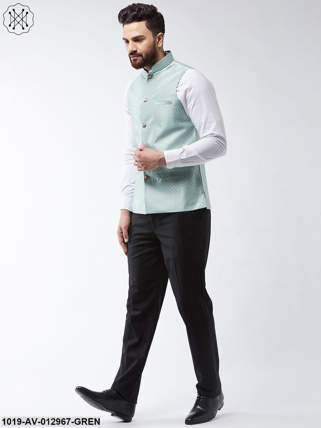Men's Silk Blend Sea Green & Gold Self Design Nehru Jacket - Sojanya