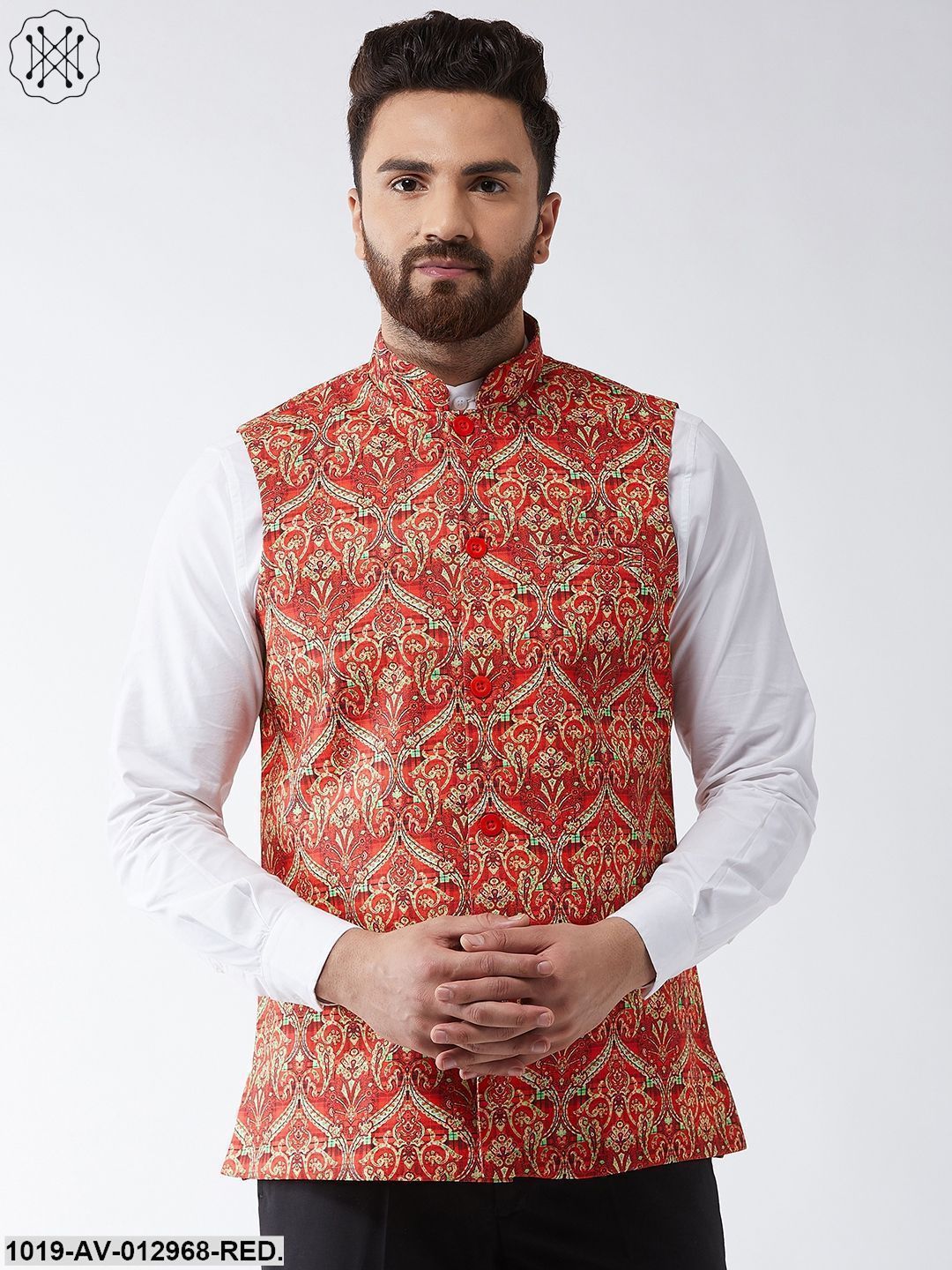 Men's Cotton Blend Red & Green Printed Nehru Jacket