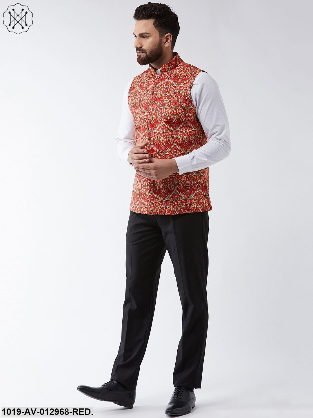 Men's Cotton Blend Red & Green Printed Nehru Jacket