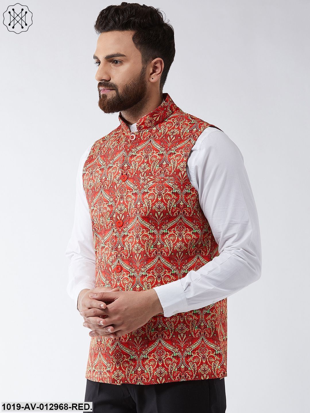 Men's Cotton Blend Red & Green Printed Nehru Jacket