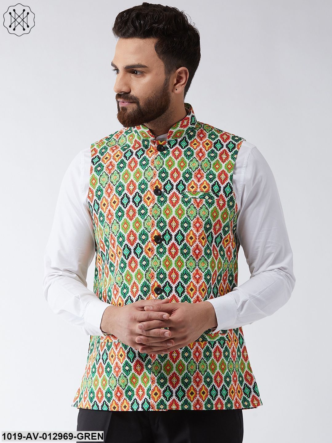 Men's Cotton Blend Green & Multi Printed Nehru Jacket