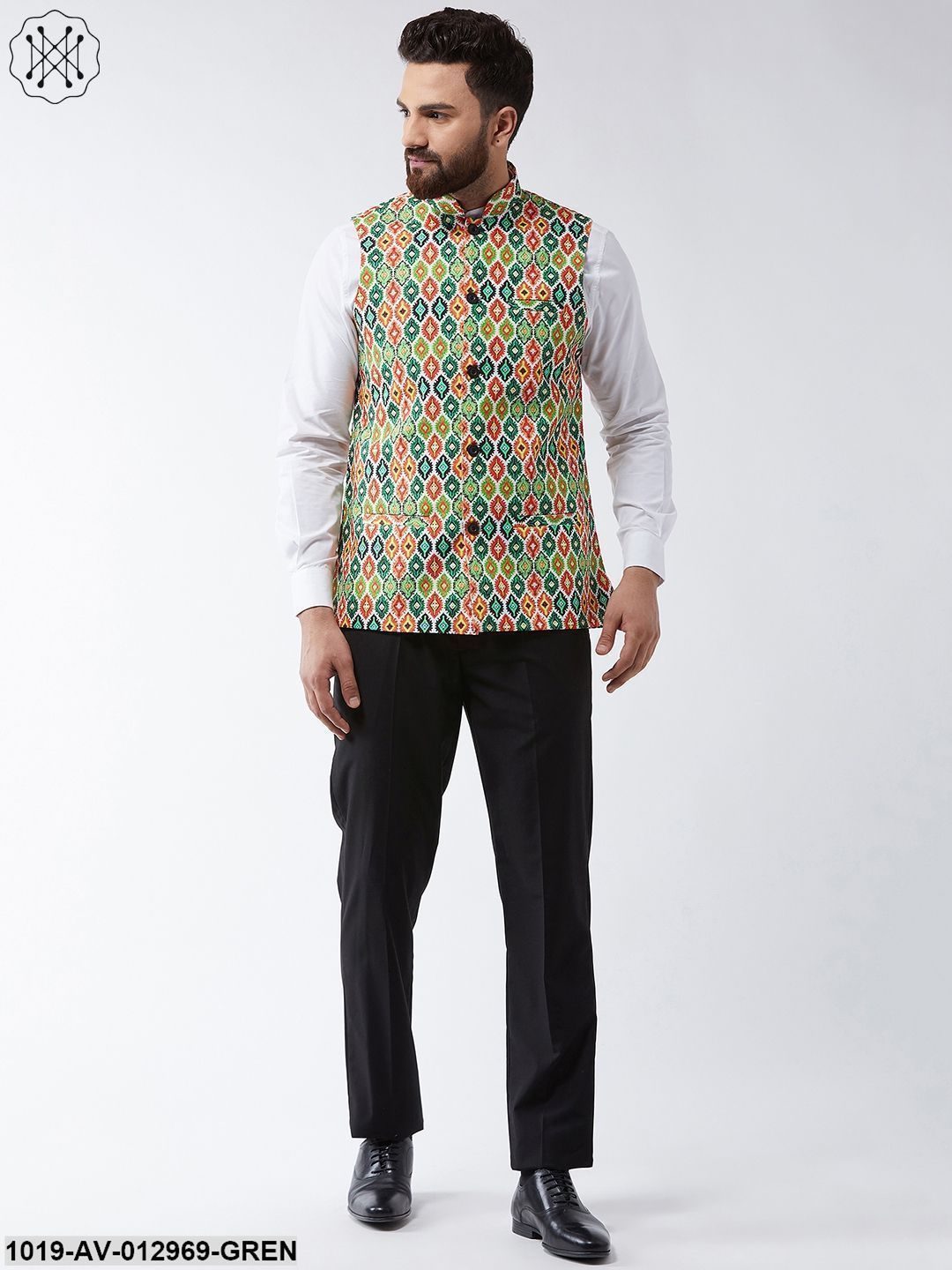 Men's Cotton Blend Green & Multi Printed Nehru Jacket