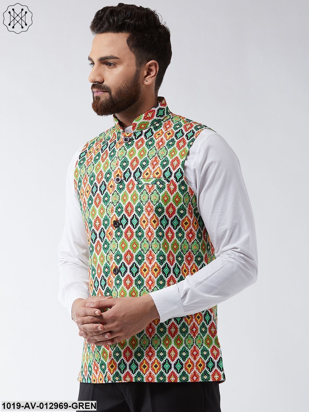 Men's Cotton Blend Green & Multi Printed Nehru Jacket