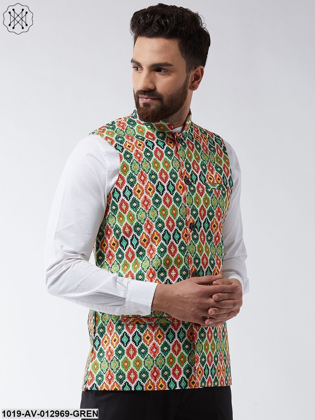 Men's Cotton Blend Green & Multi Printed Nehru Jacket