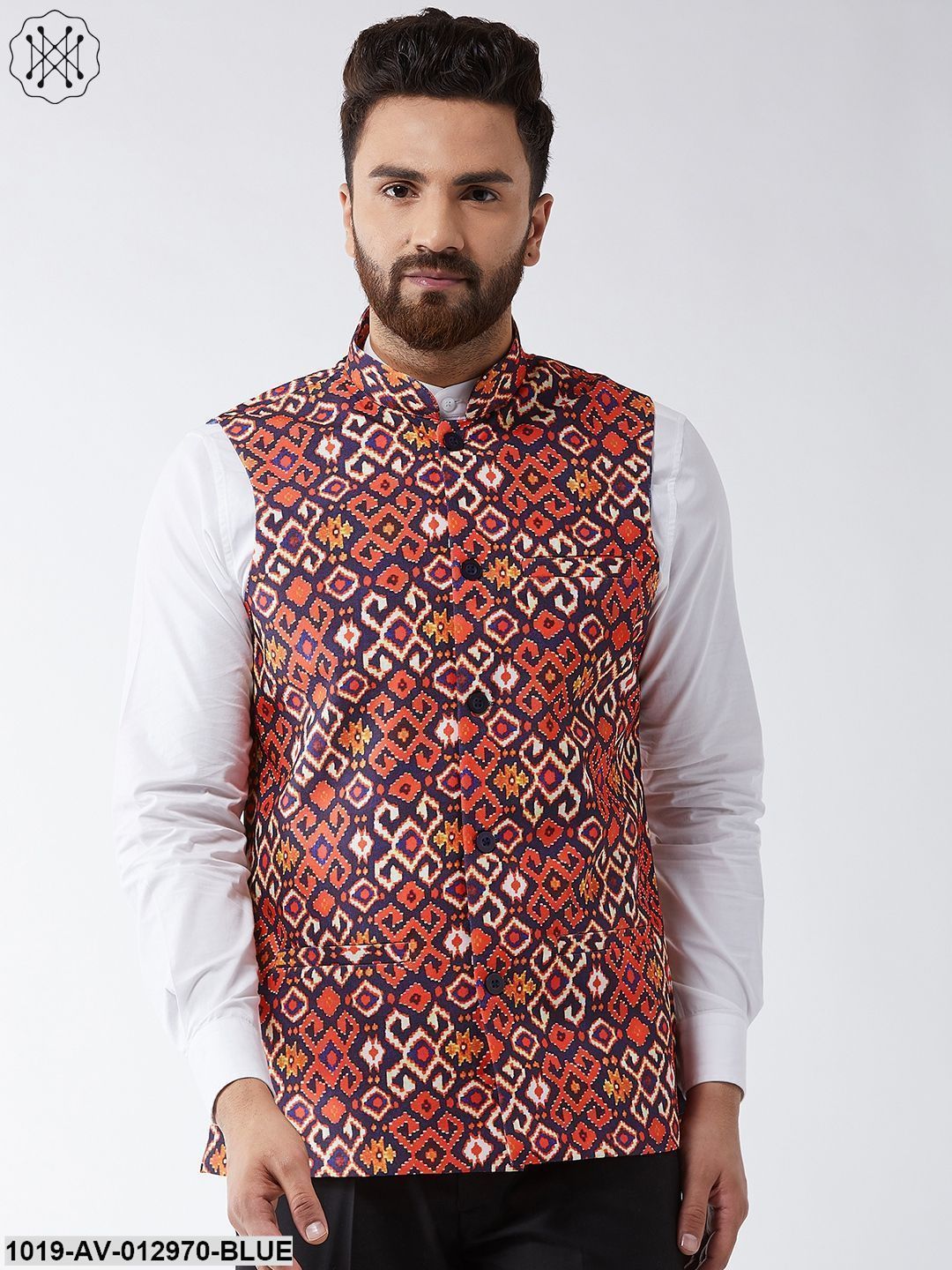 Men's Cotton Blend Navy Blue & Red Printed Nehru Jacket