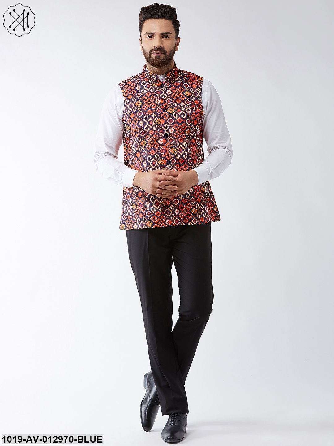 Men's Cotton Blend Navy Blue & Red Printed Nehru Jacket