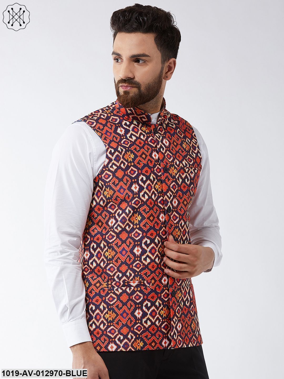 Men's Cotton Blend Navy Blue & Red Printed Nehru Jacket