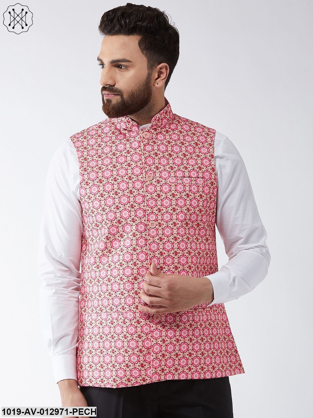 Men's Cotton Blend Peach & Pink Printed Nehru Jacket