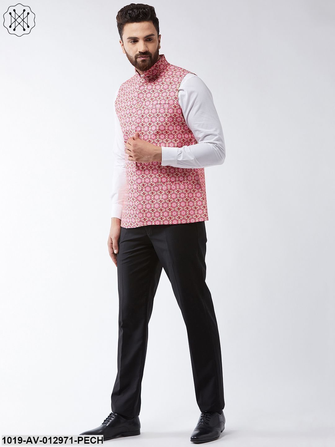 Men's Cotton Blend Peach & Pink Printed Nehru Jacket