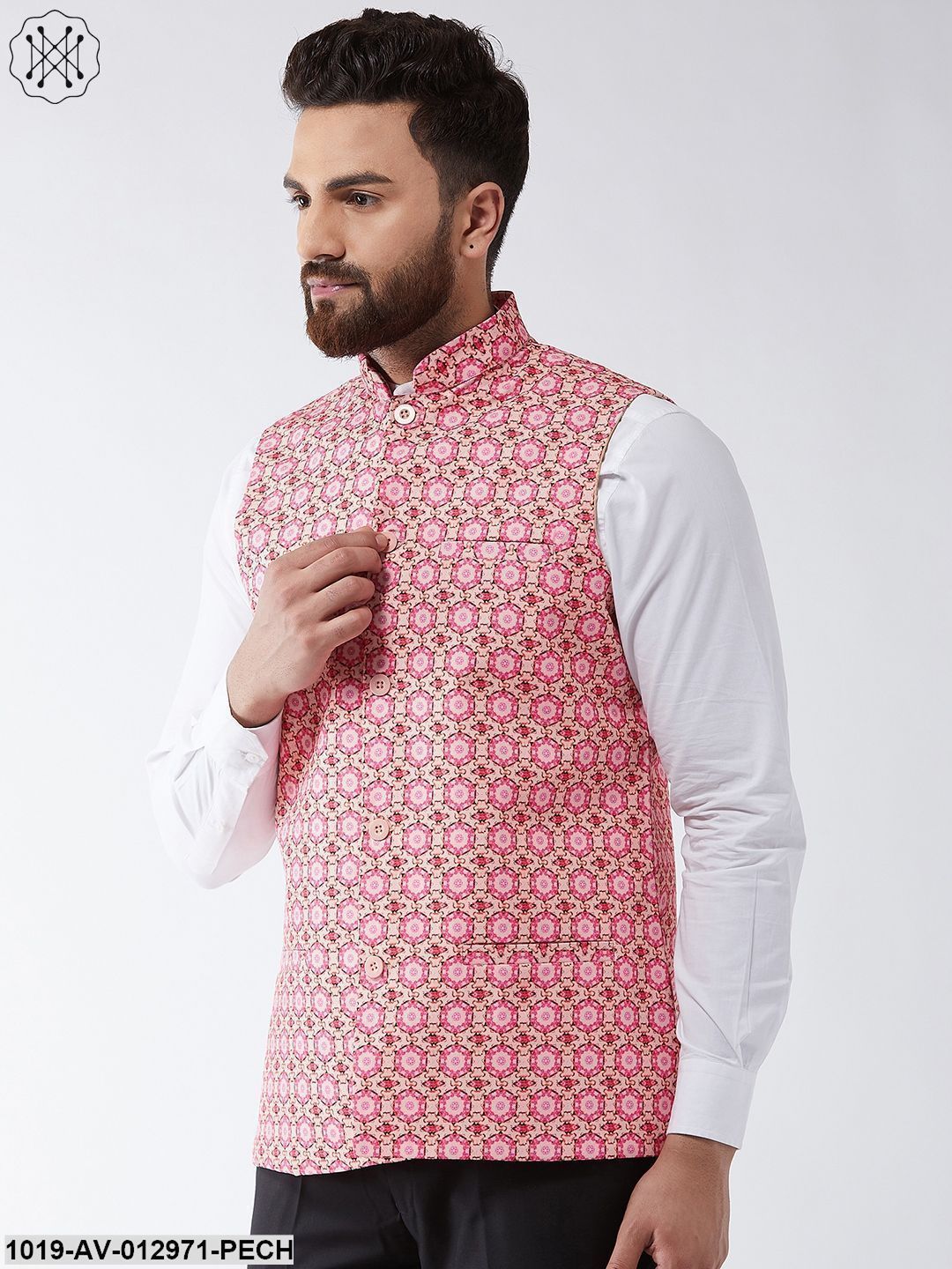 Men's Cotton Blend Peach & Pink Printed Nehru Jacket