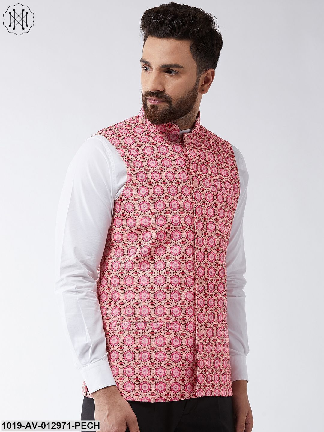 Men's Cotton Blend Peach & Pink Printed Nehru Jacket