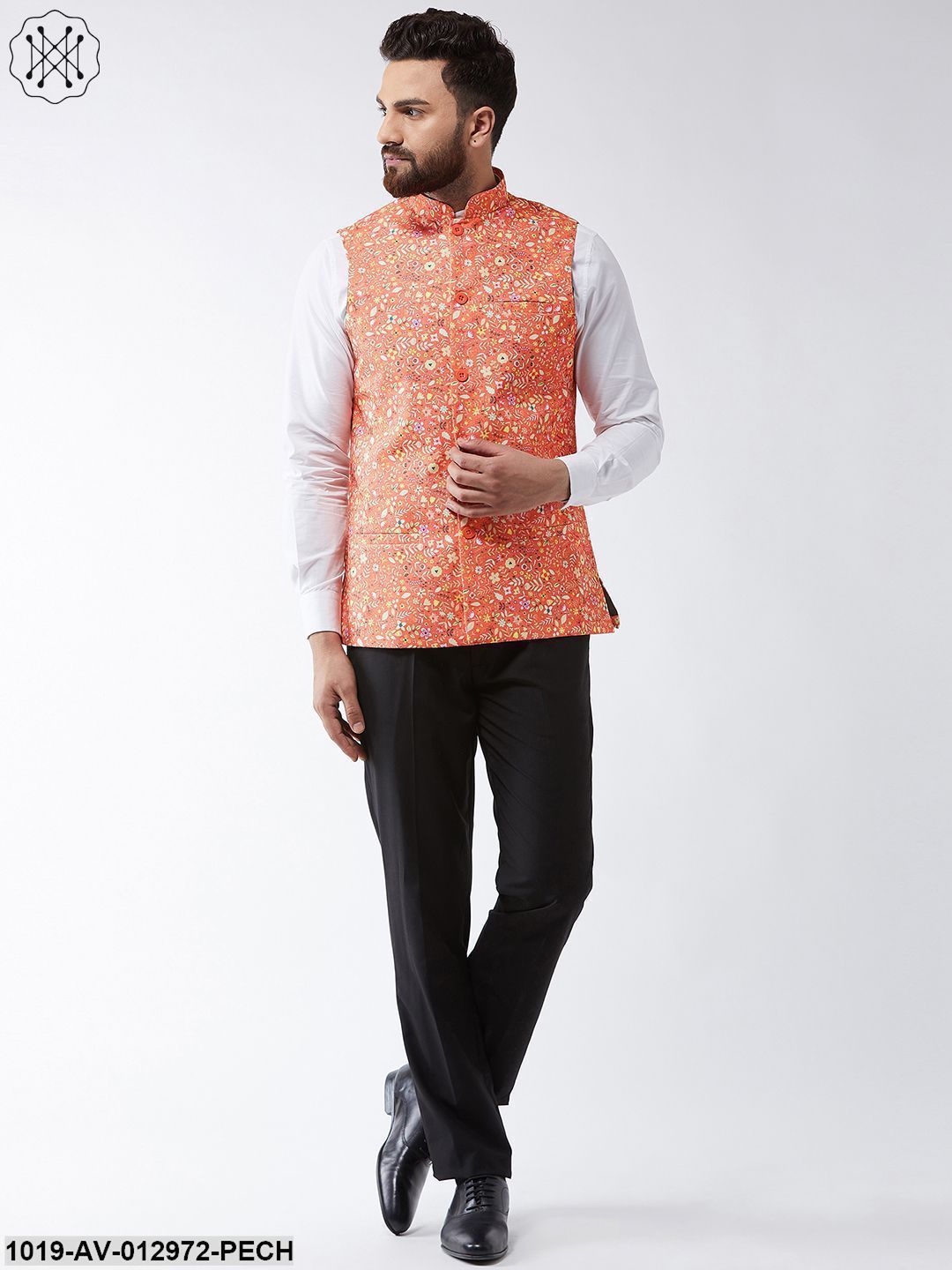 Men's Cotton Blend Dark Peach & Yellow Printed Nehru Jacket - Sojanya