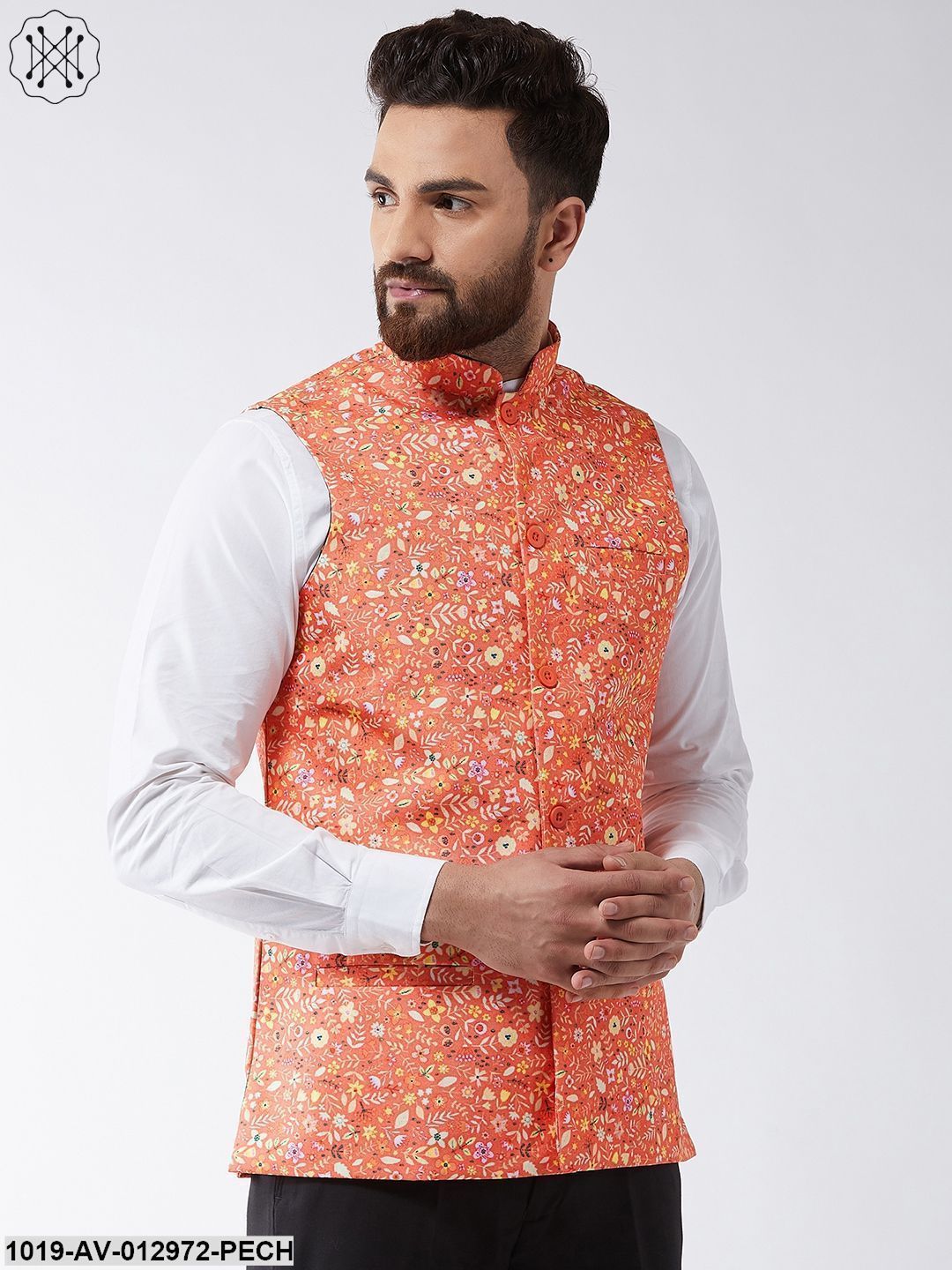 Men's Cotton Blend Dark Peach & Yellow Printed Nehru Jacket - Sojanya