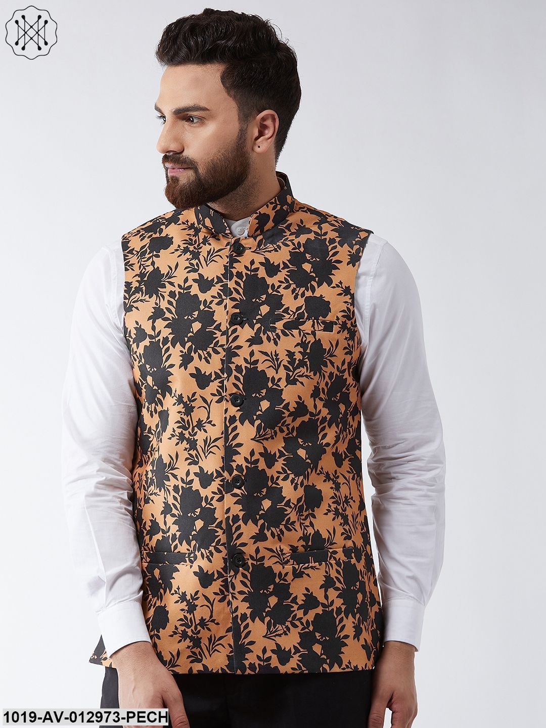 Men's Cotton Blend Dark Peach & Black Printed Nehru Jacket