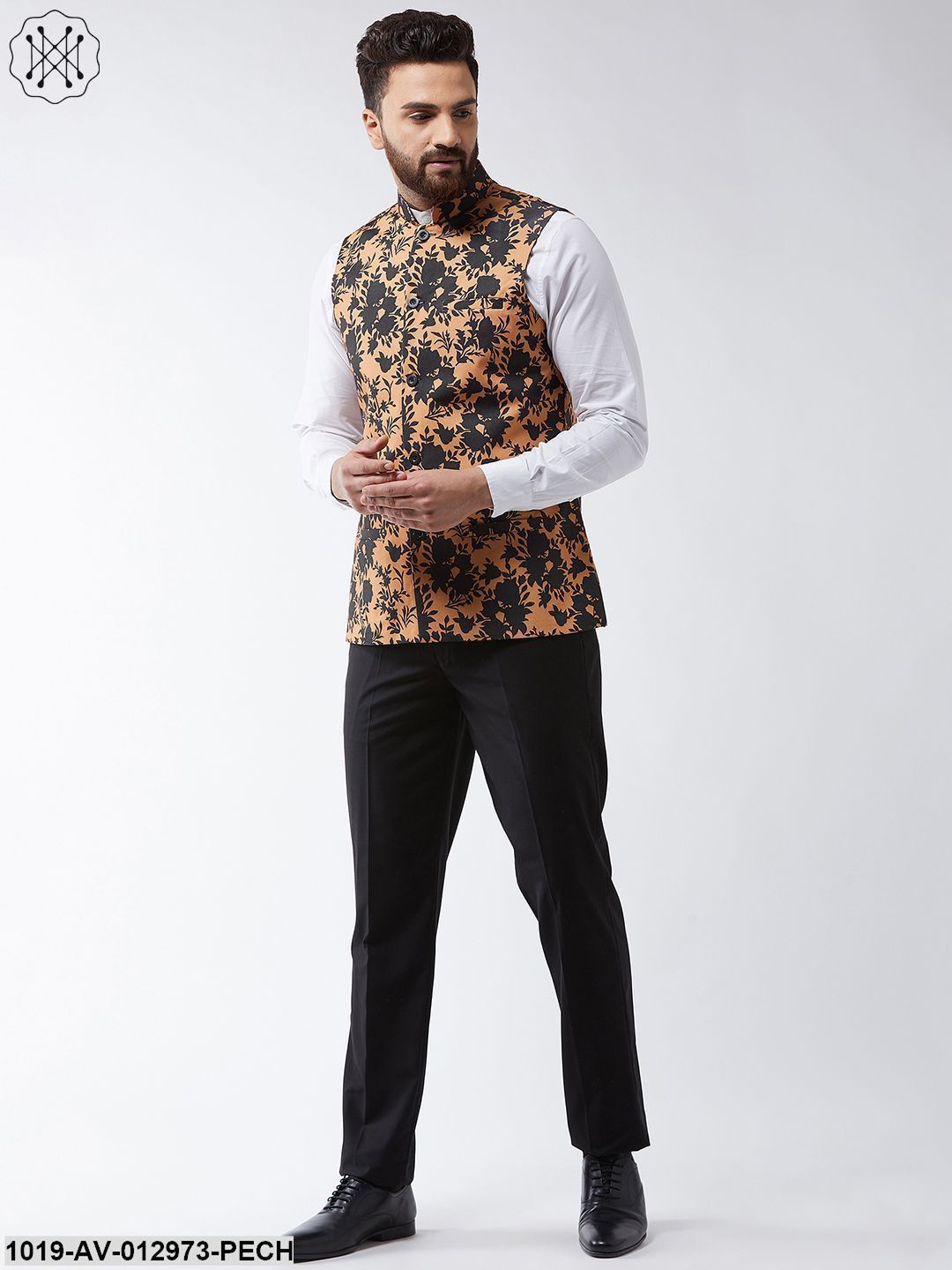 Men's Cotton Blend Dark Peach & Black Printed Nehru Jacket