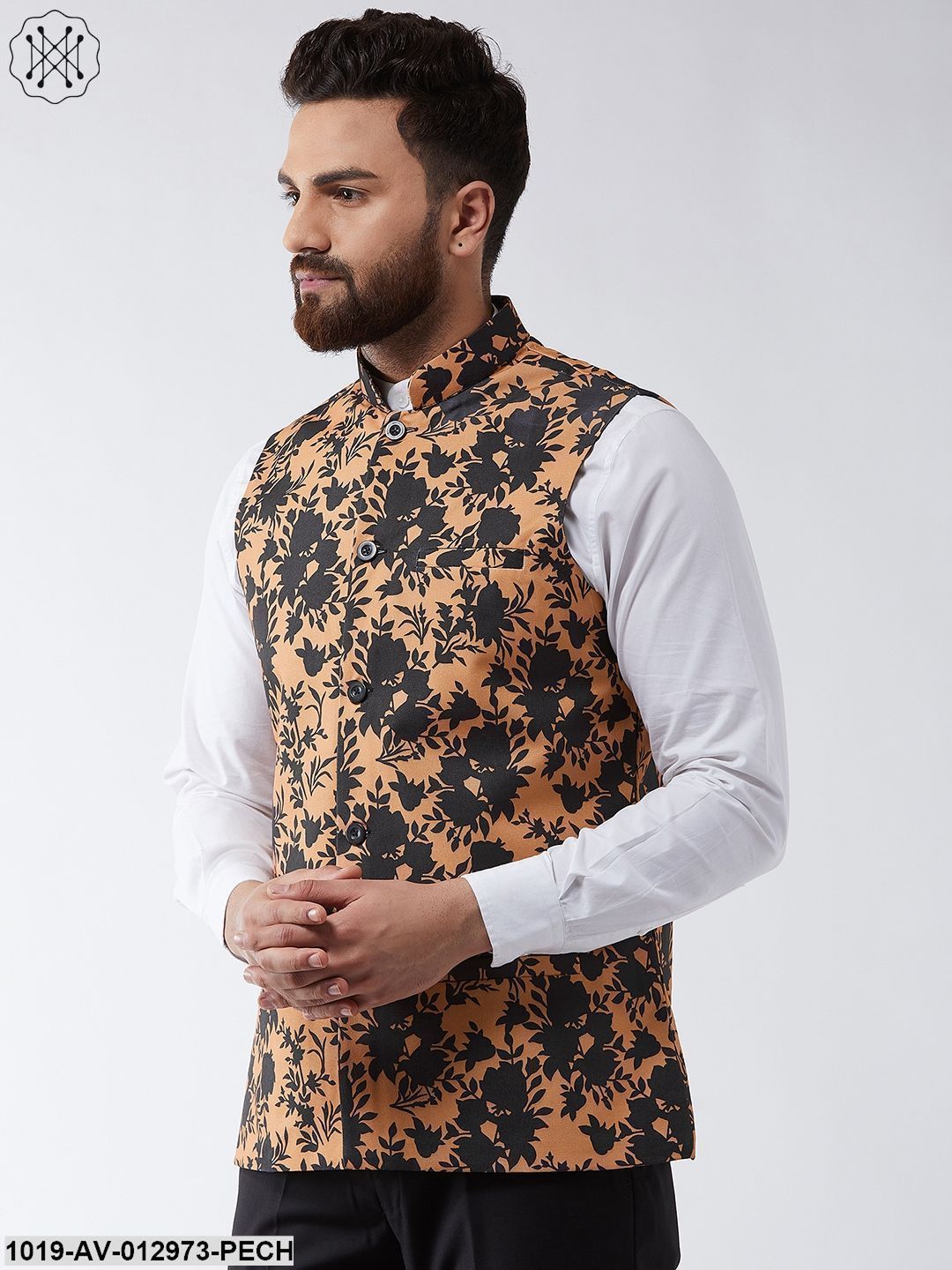 Men's Cotton Blend Dark Peach & Black Printed Nehru Jacket