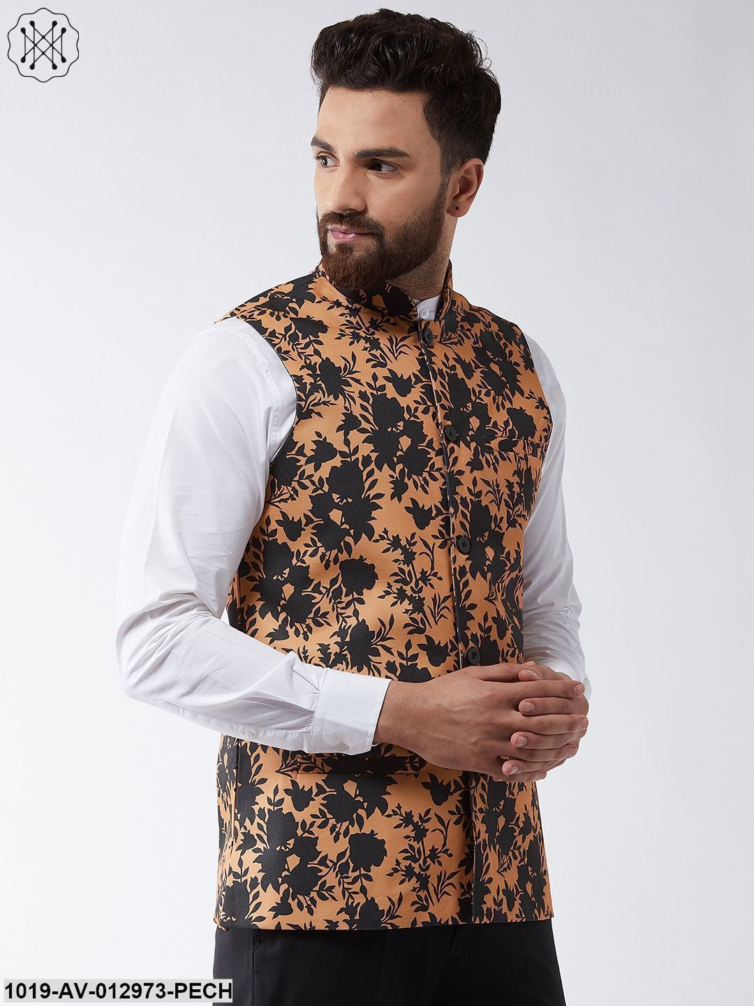 Men's Cotton Blend Dark Peach & Black Printed Nehru Jacket