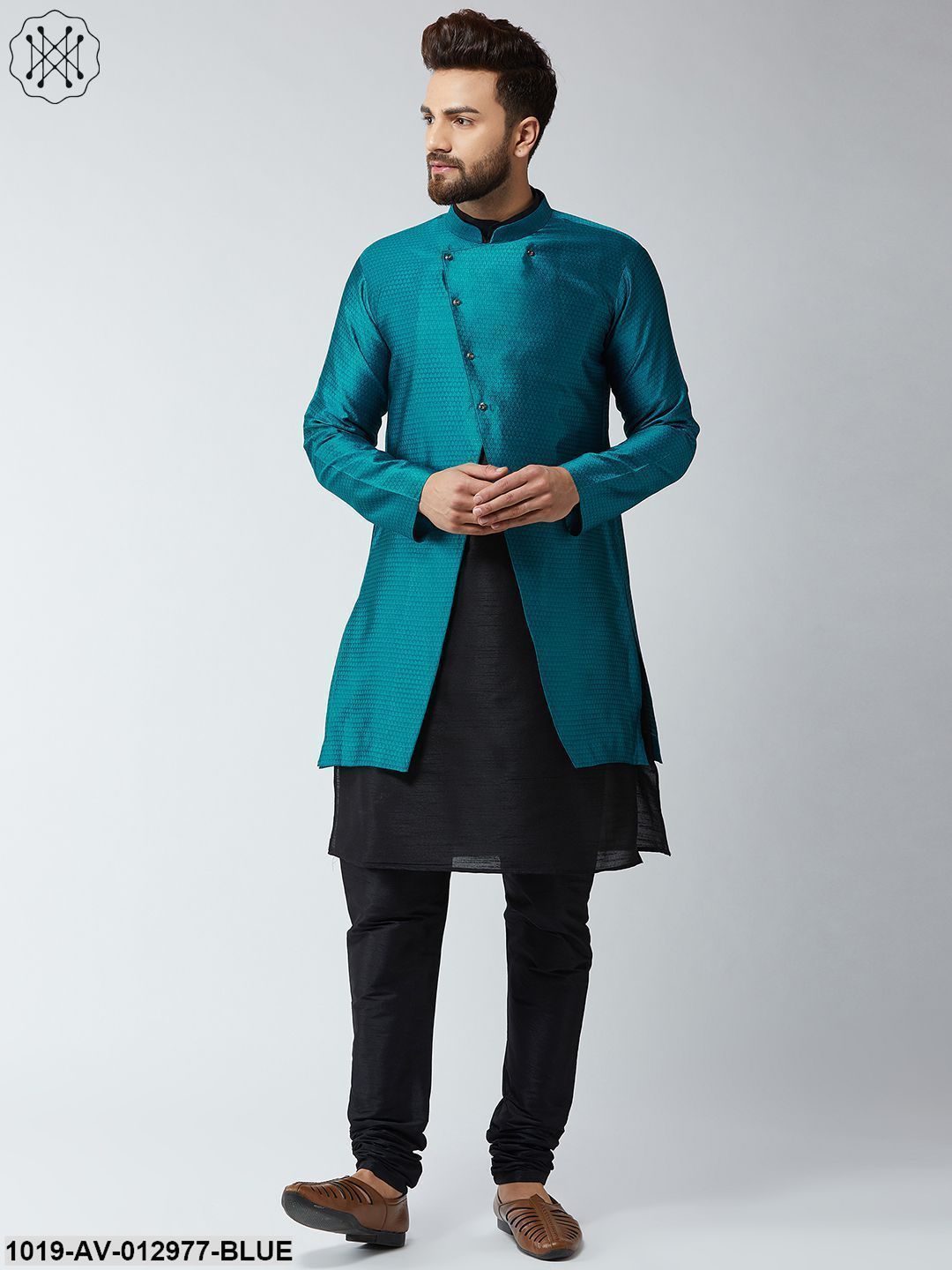 Men's Silk Blend Peacock Blue Only Sherwani Jacket - Sojanya