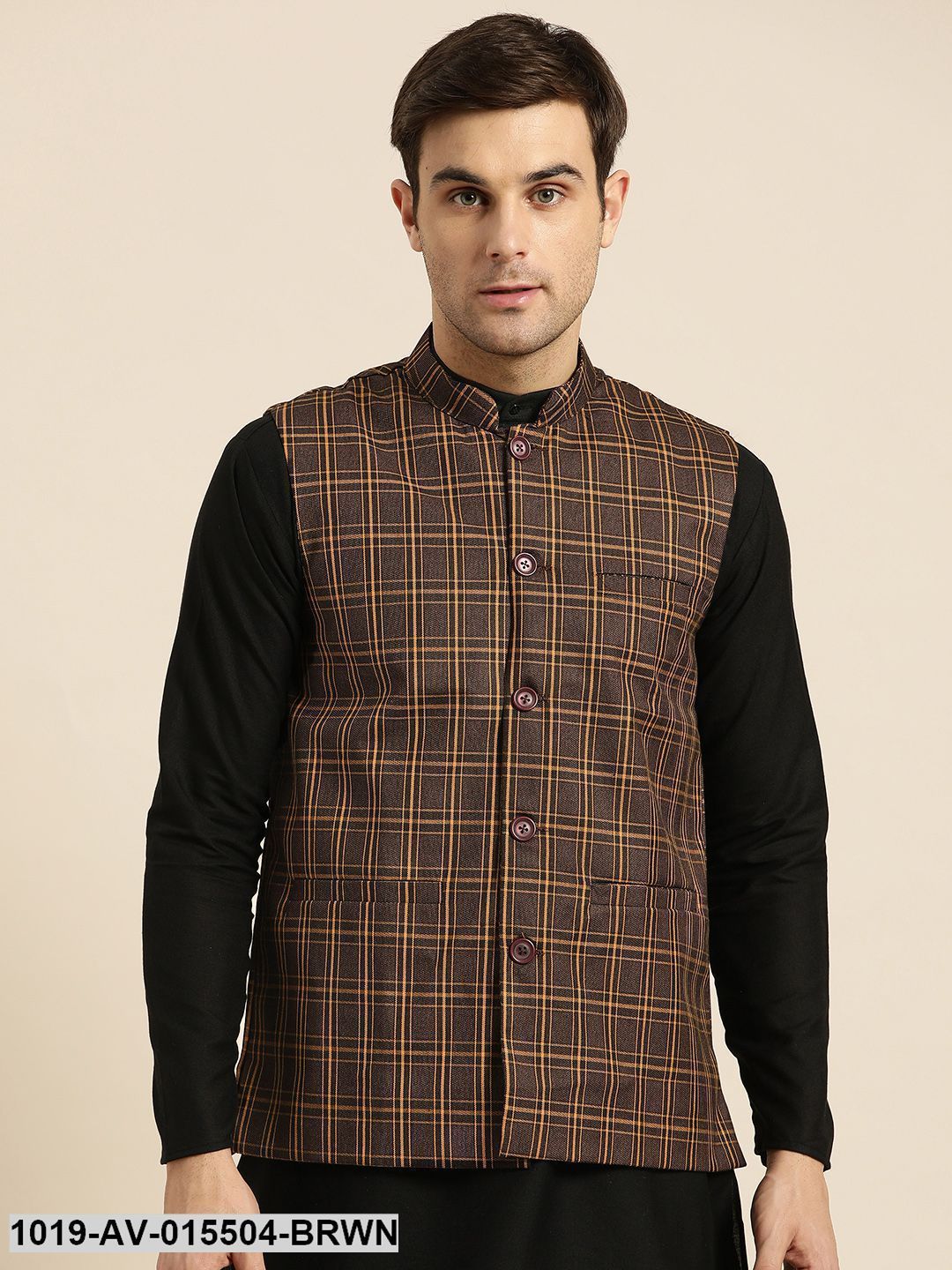 Men's Cotton Blend Dark Brown & Mustard Checked Nehru Jacket - Sojanya