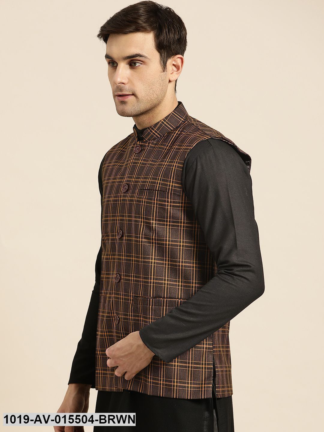 Men's Cotton Blend Dark Brown & Mustard Checked Nehru Jacket - Sojanya