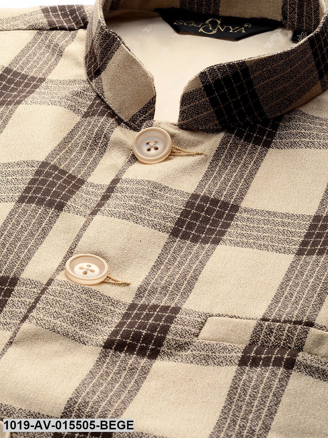 Men's Cotton Blend Beige & Brown Checked Nehru Jacket - Sojanya