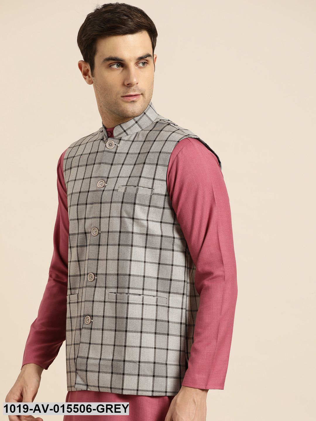 Men's Cotton Blend Grey & Black Checked Nehru Jacket - Sojanya