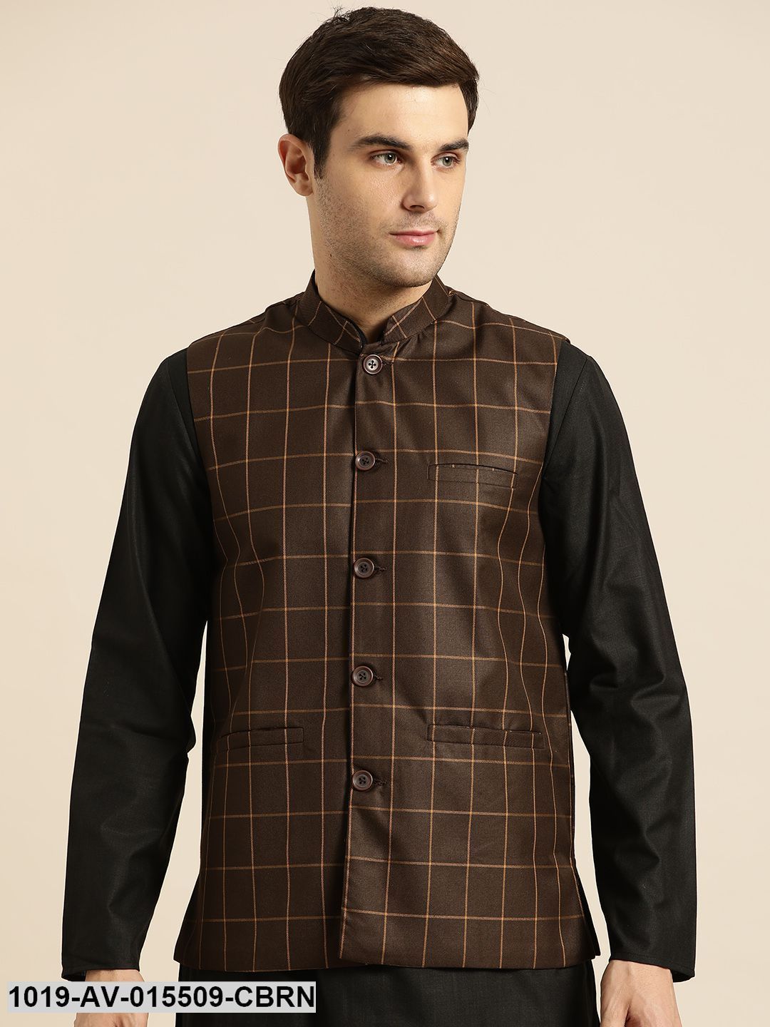 Men's Cotton Blend Coffee Brown & Mustard Checked Nehru Jacket - Sojanya