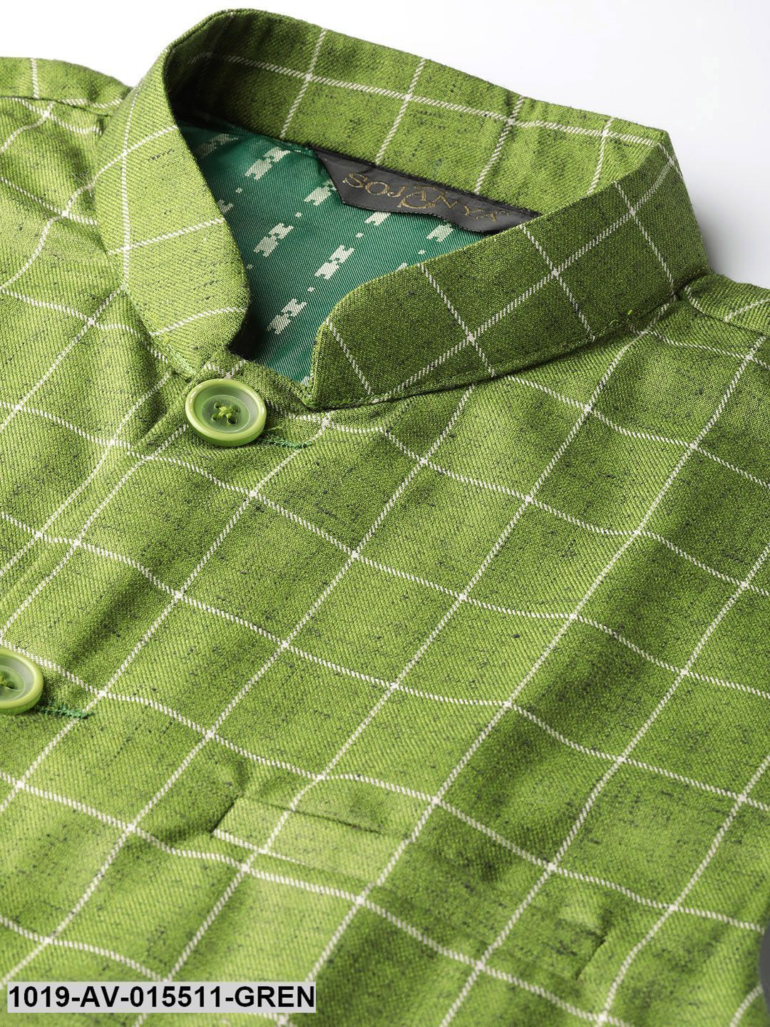 Men's Cotton Blend Green & Off White Checked Nehru Jacket - Sojanya