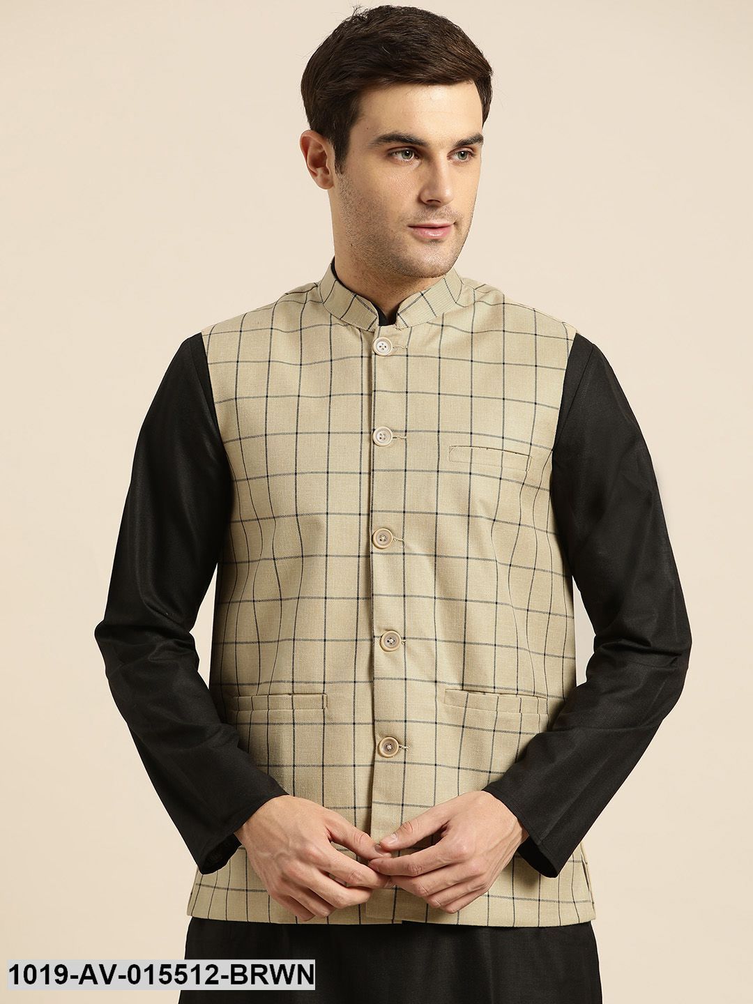 Men's Cotton Blend Light Brown & Black Checked Nehru Jacket - Sojanya
