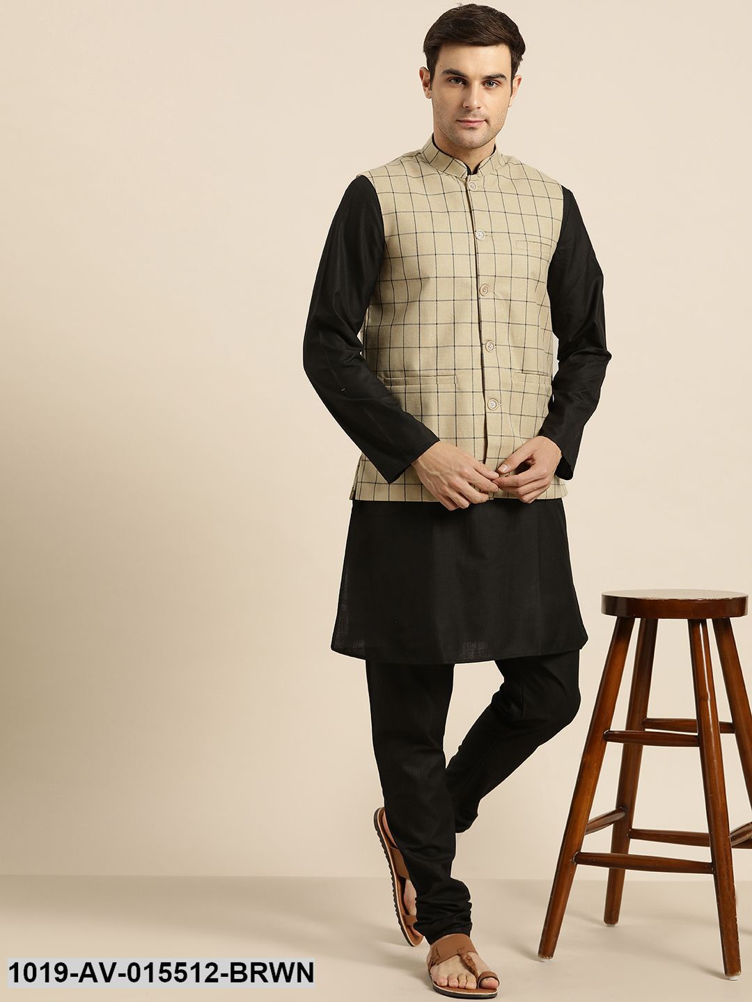 Men's Cotton Blend Light Brown & Black Checked Nehru Jacket - Sojanya