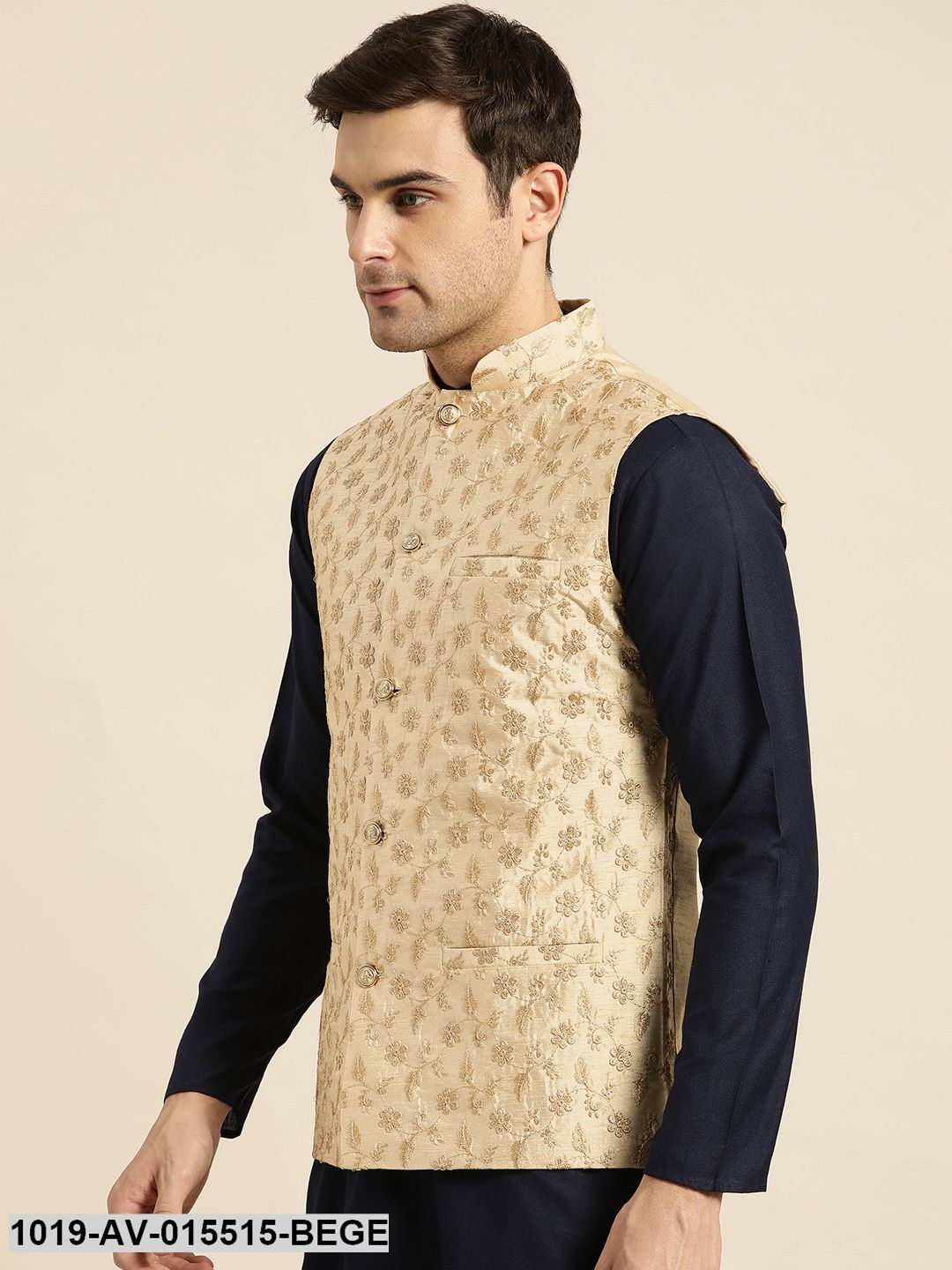 Men's Silk Blend Beige & Gold Embroidered Nehru Jacket - Sojanya