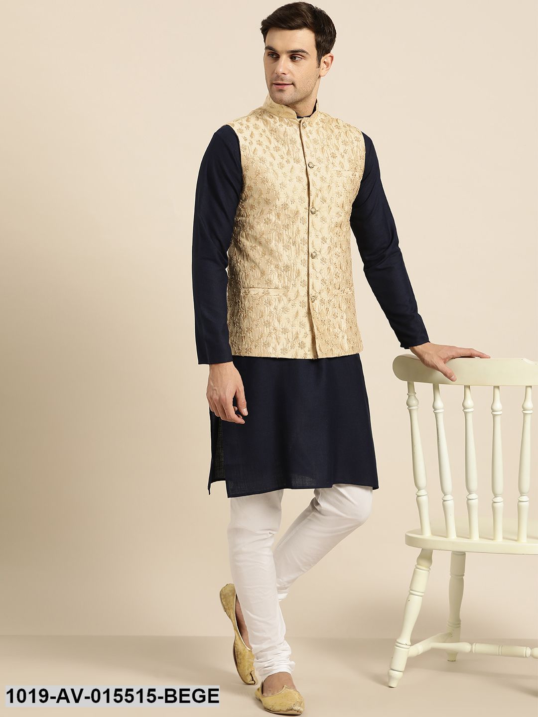 Men's Silk Blend Beige & Gold Embroidered Nehru Jacket - Sojanya