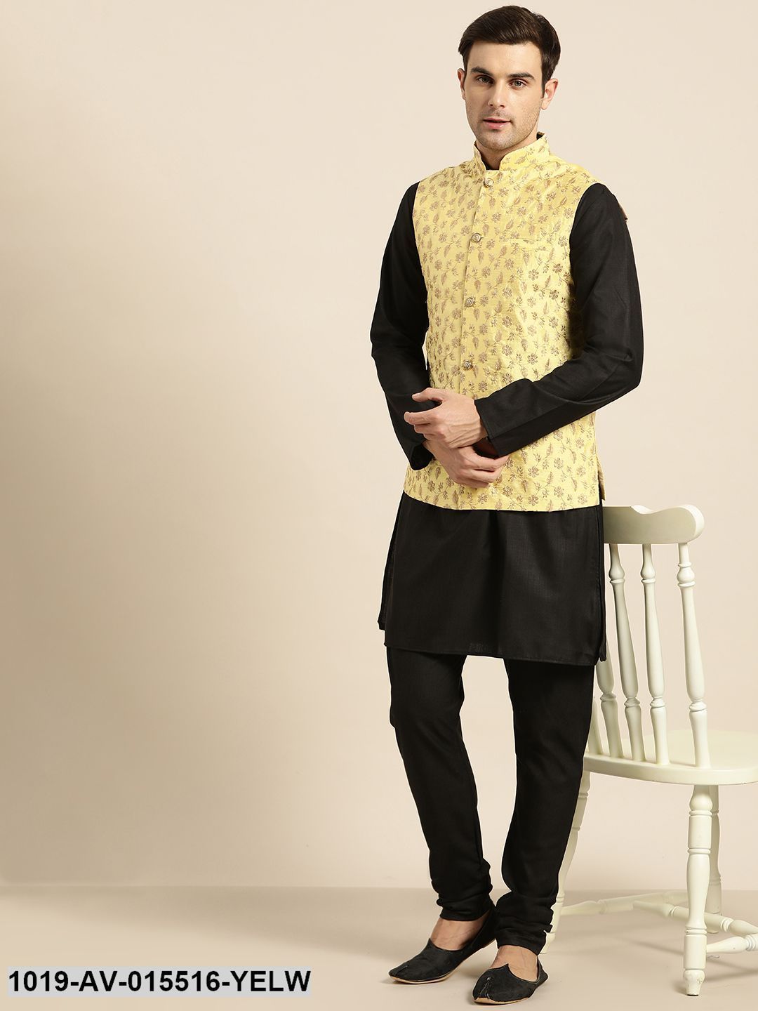 Men's Silk Blend Lemon Yellow & Gold Embroidered Nehru Jacket - Sojanya